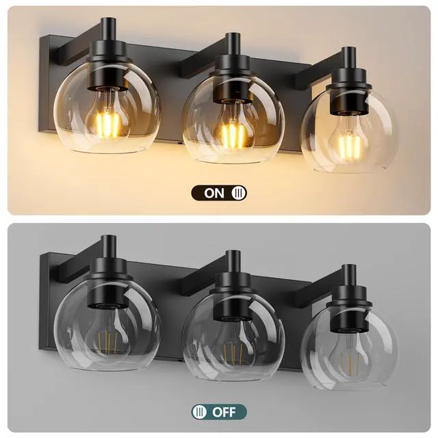 Alt view image 4 of 7 - Bathroom Vanity Light,Modern 3-Light Bathroom Lighting Fixtures Over Mirror with Clear Glass Shade and Metal Base,Matte Black Bathroom Lighting(No Bulbs)
