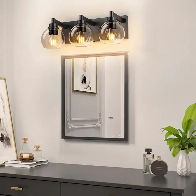 Alt view image 2 of 7 - Bathroom Vanity Light,Modern 3-Light Bathroom Lighting Fixtures Over Mirror with Clear Glass Shade and Metal Base,Matte Black Bathroom Lighting(No Bulbs)