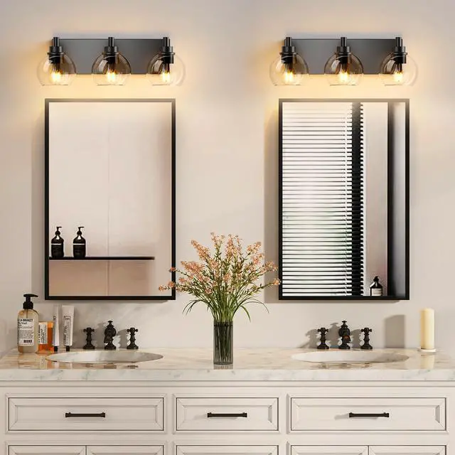 Alt view image 5 of 7 - Bathroom Vanity Light,Modern 3-Light Bathroom Lighting Fixtures Over Mirror with Clear Glass Shade and Metal Base,Matte Black Bathroom Lighting(No Bulbs)