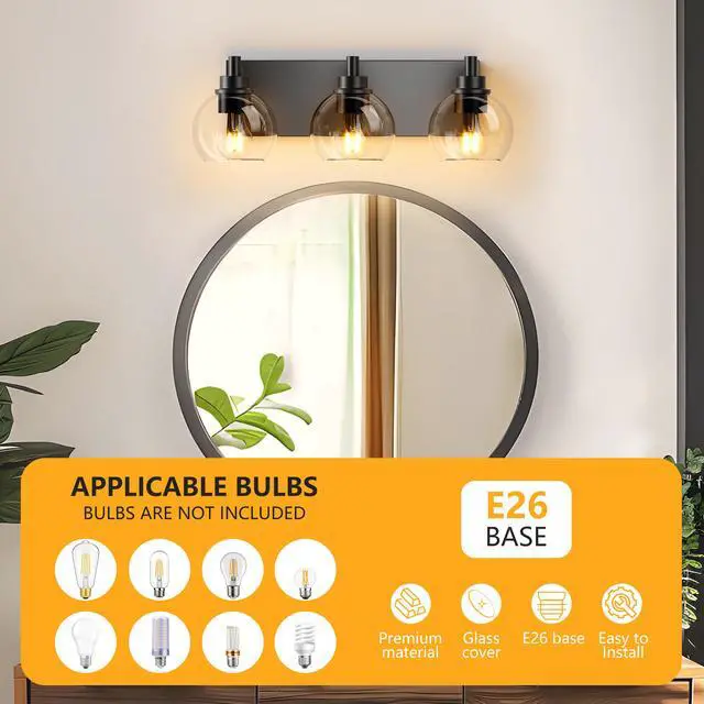 Alt view image 6 of 7 - Bathroom Vanity Light,Modern 3-Light Bathroom Lighting Fixtures Over Mirror with Clear Glass Shade and Metal Base,Matte Black Bathroom Lighting(No Bulbs)