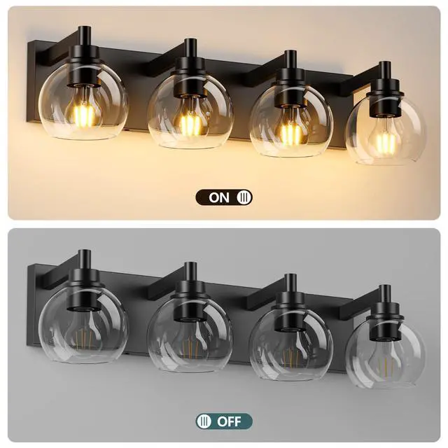 Alt view image 4 of 7 - industrial Bathroom Vanity Light,4-Light Bathroom Lights Over Mirror with Clear Glass Globe Shade and Metal Base, Matte Black Bathroom Vanity Light Fixture(Bulbs Not included)