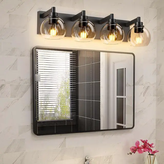 Alt view image 2 of 7 - industrial Bathroom Vanity Light,4-Light Bathroom Lights Over Mirror with Clear Glass Globe Shade and Metal Base, Matte Black Bathroom Vanity Light Fixture(Bulbs Not included)