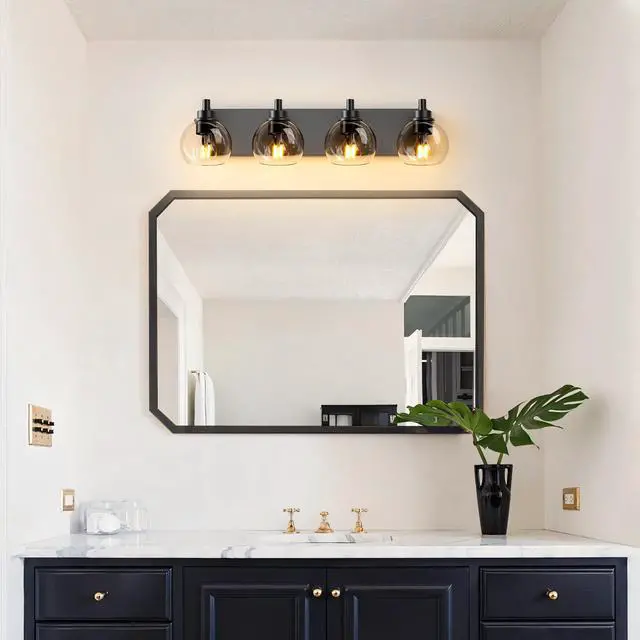 Alt view image 3 of 7 - industrial Bathroom Vanity Light,4-Light Bathroom Lights Over Mirror with Clear Glass Globe Shade and Metal Base, Matte Black Bathroom Vanity Light Fixture(Bulbs Not included)