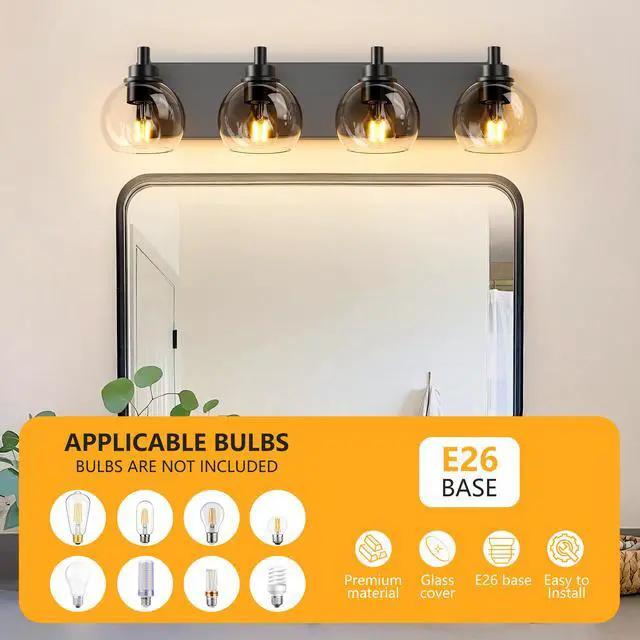 Alt view image 7 of 7 - industrial Bathroom Vanity Light,4-Light Bathroom Lights Over Mirror with Clear Glass Globe Shade and Metal Base, Matte Black Bathroom Vanity Light Fixture(Bulbs Not included)