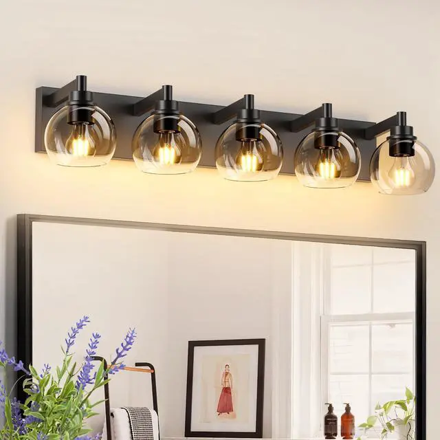 Main image of Bathroom Light Fixtures Over Mirror 5-Lights Bathroom Vanity Light with Clear Globe Glass Shade Modern Black Vanity Light Wall Sconce Vanity Lighting for Bath(Bulbs Not included)
