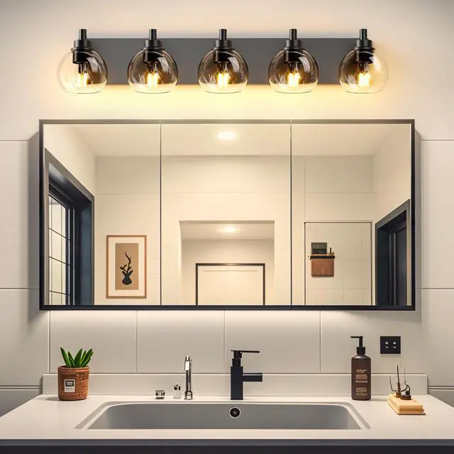 Alt view image 2 of 7 - Bathroom Light Fixtures Over Mirror 5-Lights Bathroom Vanity Light with Clear Globe Glass Shade Modern Black Vanity Light Wall Sconce Vanity Lighting for Bath(Bulbs Not included)
