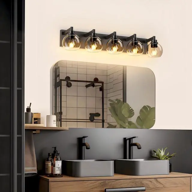 Alt view image 3 of 7 - Bathroom Light Fixtures Over Mirror 5-Lights Bathroom Vanity Light with Clear Globe Glass Shade Modern Black Vanity Light Wall Sconce Vanity Lighting for Bath(Bulbs Not included)