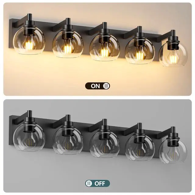 Alt view image 4 of 7 - Bathroom Light Fixtures Over Mirror 5-Lights Bathroom Vanity Light with Clear Globe Glass Shade Modern Black Vanity Light Wall Sconce Vanity Lighting for Bath(Bulbs Not included)