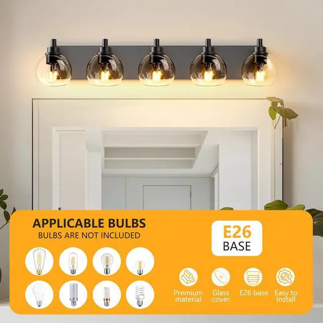 Alt view image 7 of 7 - Bathroom Light Fixtures Over Mirror 5-Lights Bathroom Vanity Light with Clear Globe Glass Shade Modern Black Vanity Light Wall Sconce Vanity Lighting for Bath(Bulbs Not included)