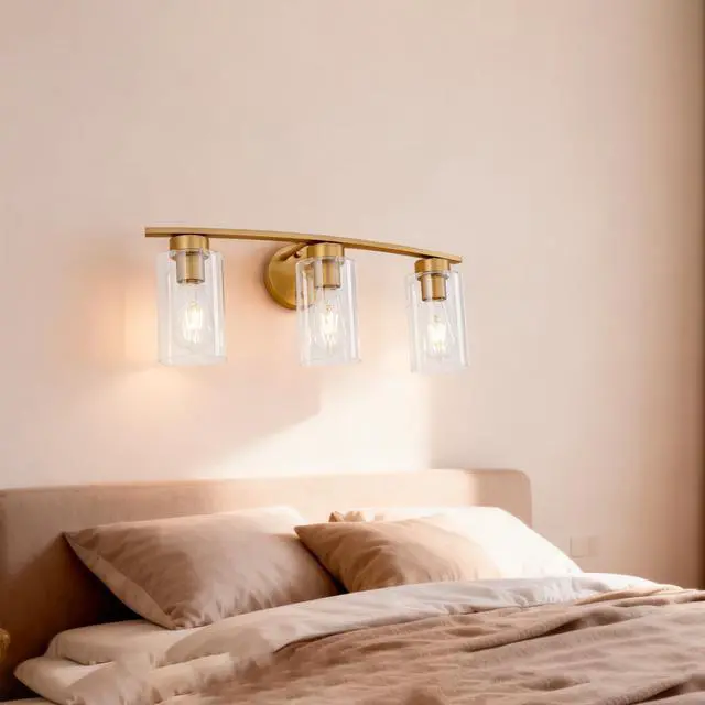 Main image of 3-Light Brushed Gold Vanity Lights, E26 Modern Bathroom Light Fixtures with Clear Glass Shade, Wall Lamps for Mirror Kitchen Hallway Cabinet Living Room Sconces Lights