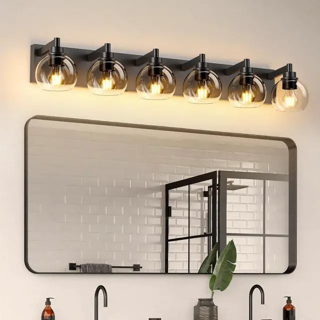 Alt view image 2 of 7 - Farmhouse Bathroom Vanity Light Fixtures, 6-Light Bathroom Light Fixtures Over Mirror, Rustic Sconces Wall Lighting with Glass Shade for Living Room, Bedroom, Hallway