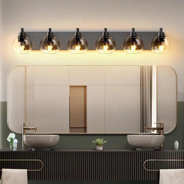 Alt view image 3 of 7 - Farmhouse Bathroom Vanity Light Fixtures, 6-Light Bathroom Light Fixtures Over Mirror, Rustic Sconces Wall Lighting with Glass Shade for Living Room, Bedroom, Hallway