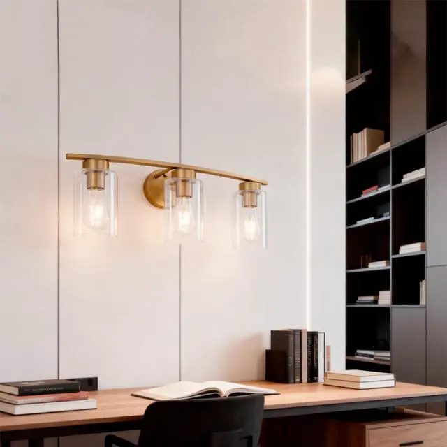 Alt view image 2 of 7 - 3-Light Brushed Gold Vanity Lights, E26 Modern Bathroom Light Fixtures with Clear Glass Shade, Wall Lamps for Mirror Kitchen Hallway Cabinet Living Room Sconces Lights