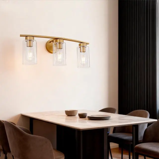 Alt view image 3 of 7 - 3-Light Brushed Gold Vanity Lights, E26 Modern Bathroom Light Fixtures with Clear Glass Shade, Wall Lamps for Mirror Kitchen Hallway Cabinet Living Room Sconces Lights