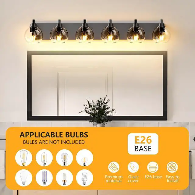 Alt view image 6 of 7 - Farmhouse Bathroom Vanity Light Fixtures, 6-Light Bathroom Light Fixtures Over Mirror, Rustic Sconces Wall Lighting with Glass Shade for Living Room, Bedroom, Hallway