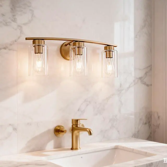 Alt view image 4 of 7 - 3-Light Brushed Gold Vanity Lights, E26 Modern Bathroom Light Fixtures with Clear Glass Shade, Wall Lamps for Mirror Kitchen Hallway Cabinet Living Room Sconces Lights