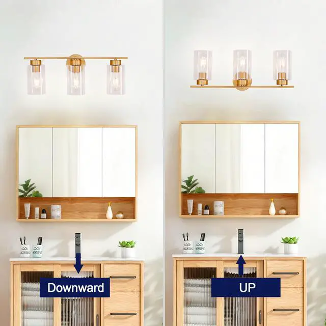 Alt view image 6 of 7 - 3-Light Brushed Gold Vanity Lights, E26 Modern Bathroom Light Fixtures with Clear Glass Shade, Wall Lamps for Mirror Kitchen Hallway Cabinet Living Room Sconces Lights