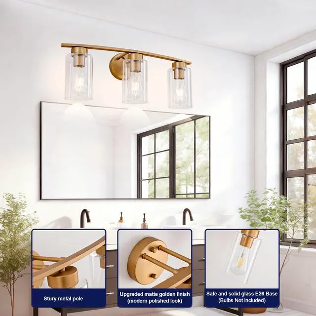 Alt view image 7 of 7 - 3-Light Brushed Gold Vanity Lights, E26 Modern Bathroom Light Fixtures with Clear Glass Shade, Wall Lamps for Mirror Kitchen Hallway Cabinet Living Room Sconces Lights