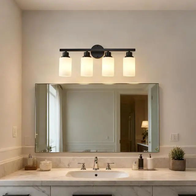 Alt view image 3 of 7 - 4-Light Matte Black Wall Lamps with White Glass Shades (No Bulbs) Sconce Lighting for Bedroom Living Room