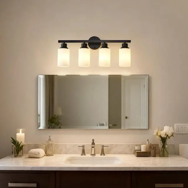 Alt view image 2 of 7 - 4-Light Matte Black Wall Lamps with White Glass Shades (No Bulbs) Sconce Lighting for Bedroom Living Room