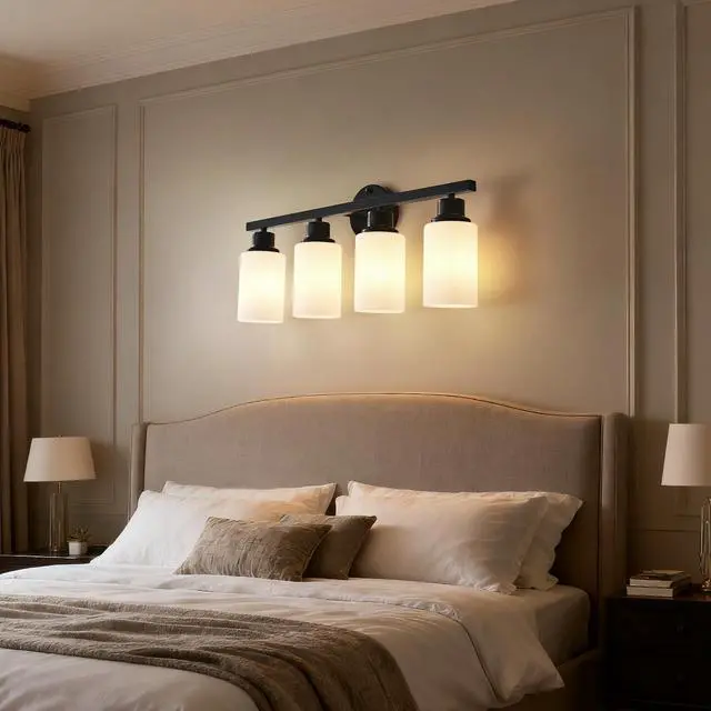 Alt view image 5 of 7 - 4-Light Matte Black Wall Lamps with White Glass Shades (No Bulbs) Sconce Lighting for Bedroom Living Room