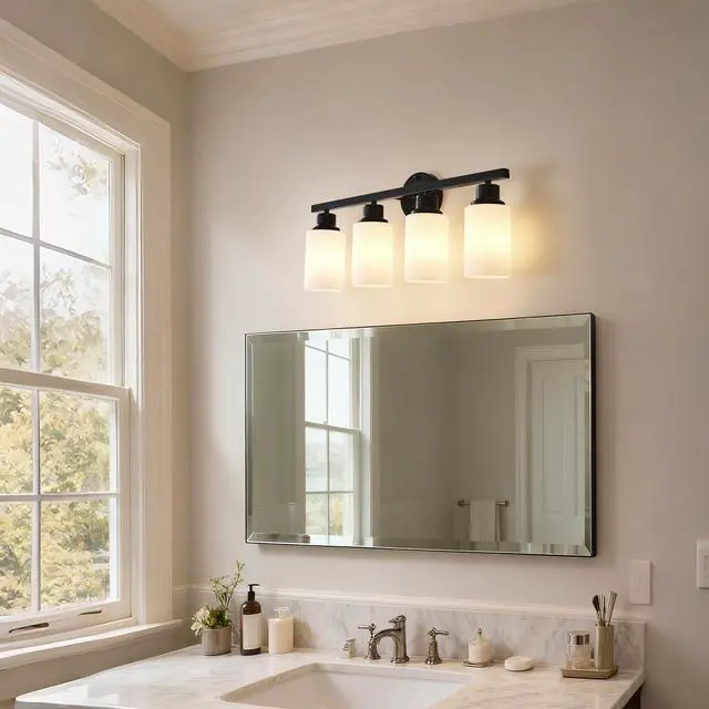 Alt view image 4 of 7 - 4-Light Matte Black Wall Lamps with White Glass Shades (No Bulbs) Sconce Lighting for Bedroom Living Room