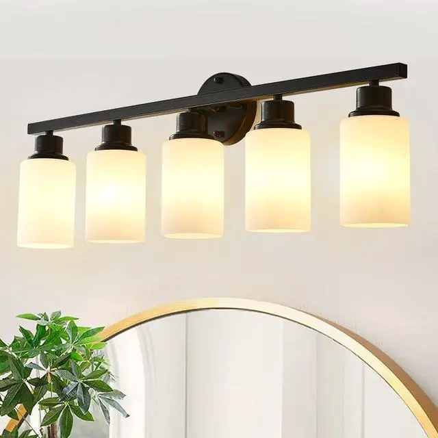 Alt view image 2 of 7 - 5-Light Matte Black Wall Lamps with White Glass Shades (No Bulbs) Sconce Lighting for Bedroom Living Room