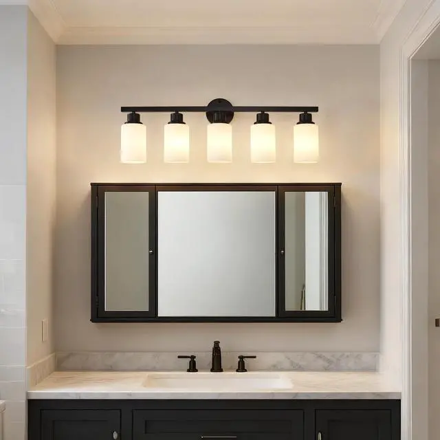 Alt view image 3 of 7 - 5-Light Matte Black Wall Lamps with White Glass Shades (No Bulbs) Sconce Lighting for Bedroom Living Room
