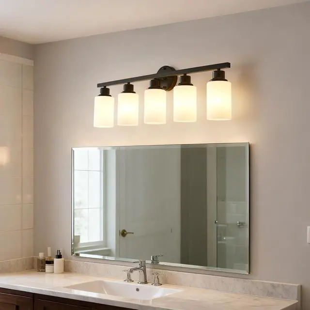 Alt view image 5 of 7 - 5-Light Matte Black Wall Lamps with White Glass Shades (No Bulbs) Sconce Lighting for Bedroom Living Room