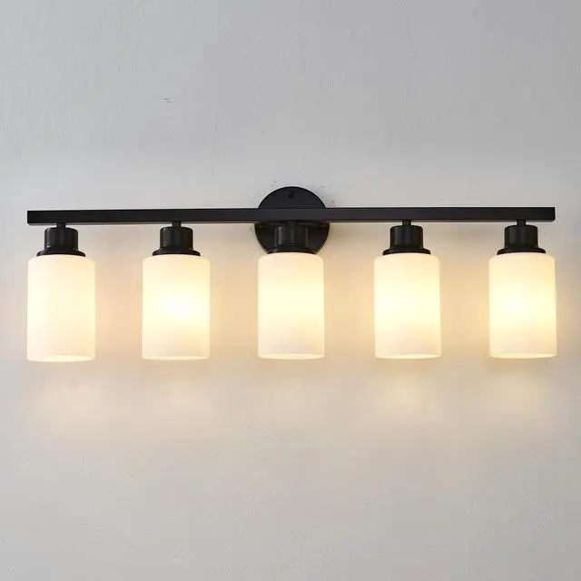 Alt view image 6 of 7 - 5-Light Matte Black Wall Lamps with White Glass Shades (No Bulbs) Sconce Lighting for Bedroom Living Room