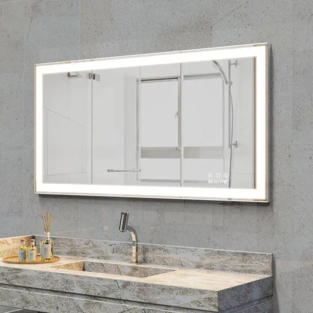 Alt view image 2 of 7 - 48x24 inch Led Bathroom Vanity Mirror Wall Mounted Adjustable White/Warm/Natural Lights Anti-Fog touch Switch with Memory Modern Smart Large Bathroom Mirrors