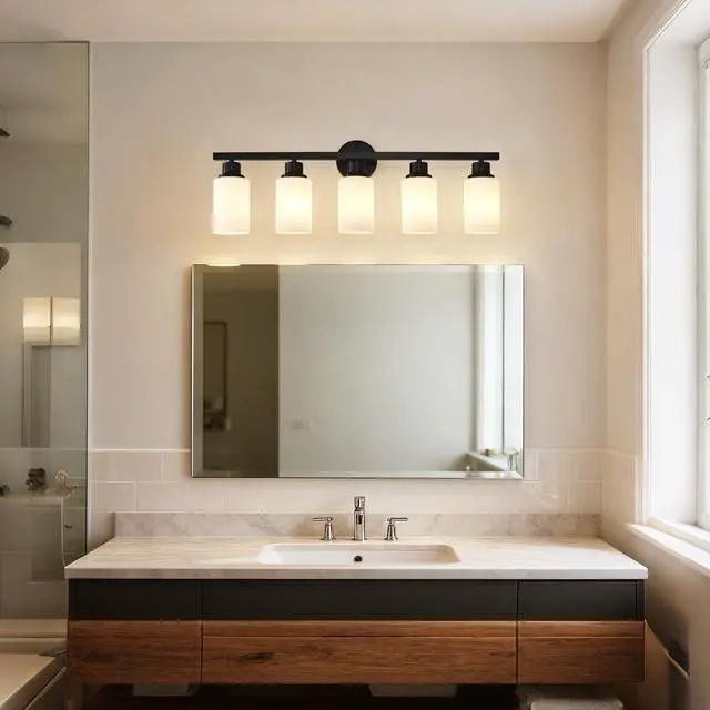 Alt view image 4 of 7 - 5-Light Matte Black Wall Lamps with White Glass Shades (No Bulbs) Sconce Lighting for Bedroom Living Room