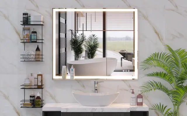 Main image of 30x36 inch Led Bathroom Vanity Mirror Wall Mounted Adjustable White/Warm/Natural Lights Anti-Fog touch Switch with Memory Modern Smart Large Bathroom Mirrors