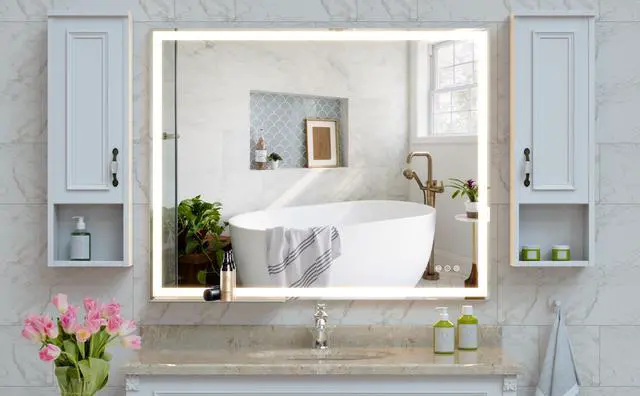 Alt view image 2 of 7 - 32x40 inch Led Bathroom Vanity Mirror Wall Mounted Adjustable White/Warm/Natural Lights Anti-Fog touch Switch with Memory Modern Smart Large Bathroom Mirrors