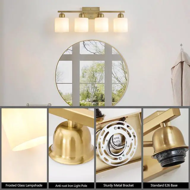 Alt view image 6 of 7 - Gold Bathroom Light Fixtures, 4-Light Modern Vanity Light Over Mirror, Wall Sconces with Milky White Frosted Glass Shades, E26 Socket (Bulbs Not included)