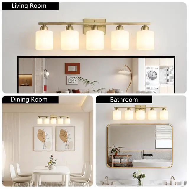Alt view image 5 of 7 - Gold Bathroom Light Fixtures, 5-Light Modern Vanity Light Over Mirror, Wall Sconces with Milky White Frosted Glass Shades, E26 Socket (Bulbs Not included)