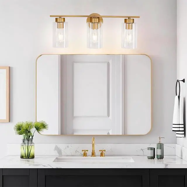 Alt view image 5 of 7 - 3-Light Brushed Gold Vanity Lights, E26 Modern Bathroom Light Fixtures with Clear Glass Shade, Wall Lamps for Mirror Kitchen Hallway Cabinet Living Room Sconces Lights