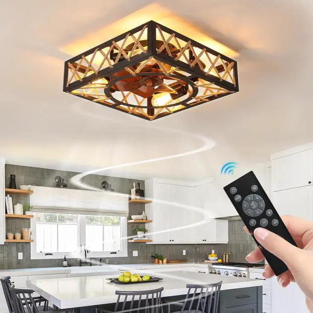 Alt view image 2 of 7 - Farmhouse Rustic Ceiling Fan and Remote Control,Square Caged industrial Ceiling Fixture with 6 Speeds & Noiseless Dc Motor for Kitchen Dining Room Living Room Bedroom