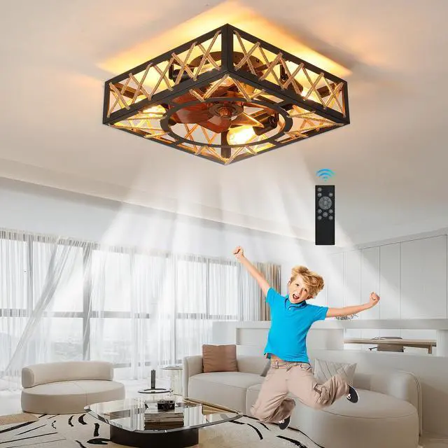 Alt view image 3 of 7 - Farmhouse Rustic Ceiling Fan and Remote Control,Square Caged industrial Ceiling Fixture with 6 Speeds & Noiseless Dc Motor for Kitchen Dining Room Living Room Bedroom