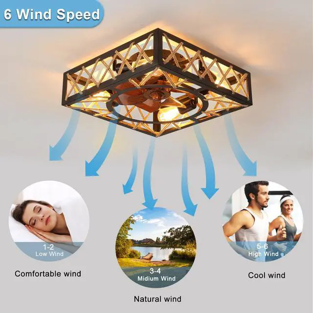 Alt view image 4 of 7 - Farmhouse Rustic Ceiling Fan and Remote Control,Square Caged industrial Ceiling Fixture with 6 Speeds & Noiseless Dc Motor for Kitchen Dining Room Living Room Bedroom