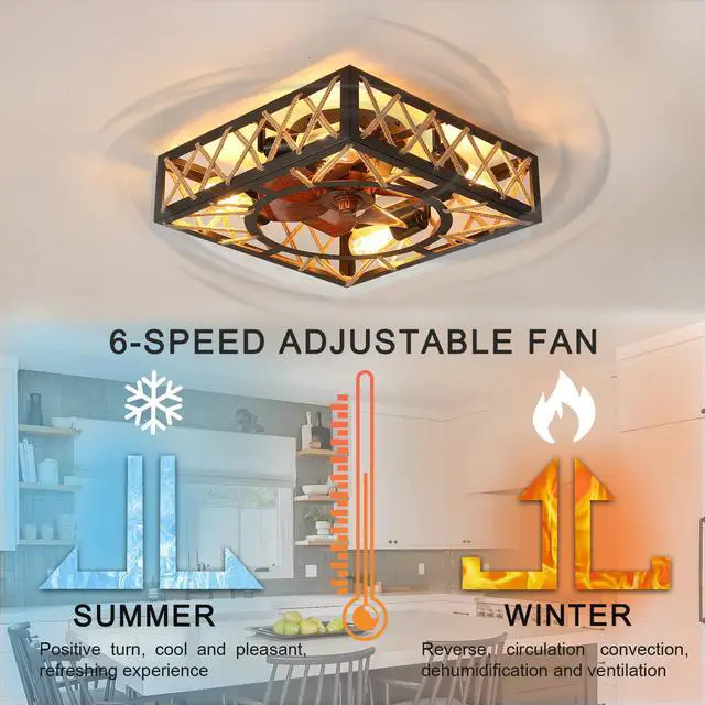 Alt view image 6 of 7 - Farmhouse Rustic Ceiling Fan and Remote Control,Square Caged industrial Ceiling Fixture with 6 Speeds & Noiseless Dc Motor for Kitchen Dining Room Living Room Bedroom