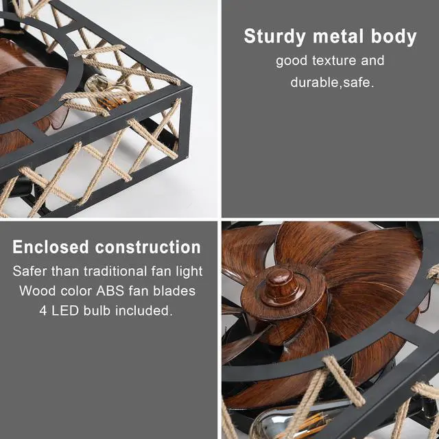 Alt view image 7 of 7 - Farmhouse Rustic Ceiling Fan and Remote Control,Square Caged industrial Ceiling Fixture with 6 Speeds & Noiseless Dc Motor for Kitchen Dining Room Living Room Bedroom