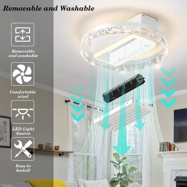 Alt view image 7 of 7 - 20" Led Bladeless Ceiling Fan Light with Remote Control Modern Flush Mount Ceiling Lamp with Air Circulation and Adjustable Brightness for Living Room, Dining Room, Or Bedroom