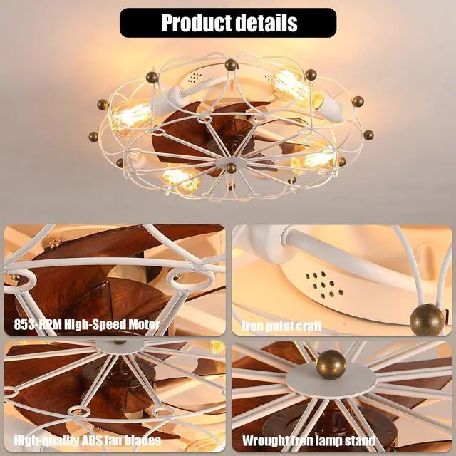Alt view image 6 of 7 - Low Profile Caged Ceiling Fan with Lights Remote Control, Embedded Modern industrial Ceiling Fan
