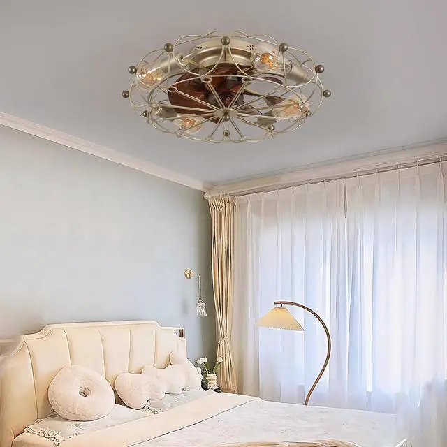 Alt view image 2 of 7 - Low Profile Caged Ceiling Fan with Lights Remote Control, Embedded Modern industrial Ceiling Fan