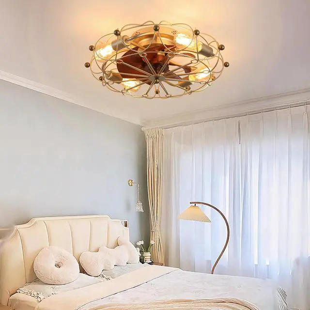 Alt view image 3 of 7 - Low Profile Caged Ceiling Fan with Lights Remote Control, Embedded Modern industrial Ceiling Fan