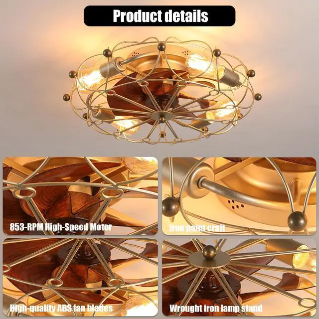 Alt view image 6 of 7 - Low Profile Caged Ceiling Fan with Lights Remote Control, Embedded Modern industrial Ceiling Fan