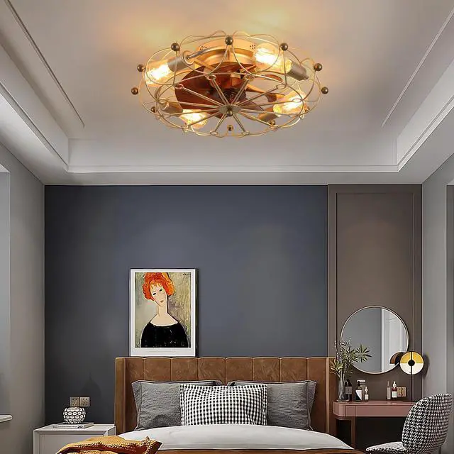Main image of Low Profile Caged Ceiling Fan with Lights Remote Control, Embedded Modern industrial Ceiling Fan