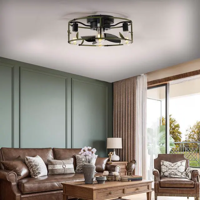 Alt view image 3 of 7 - 19" Green industrial Ceiling Fan with Light - Flush Mount Caged Ceiling Fan with Remote, 3-Light Rustic Ceiling Fan, Silent 6-Speed Reversible Dc Motor for Bedroom, Living Room (Bulb Not included)