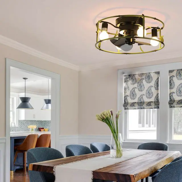 Alt view image 5 of 7 - 19" Green industrial Ceiling Fan with Light - Flush Mount Caged Ceiling Fan with Remote, 3-Light Rustic Ceiling Fan, Silent 6-Speed Reversible Dc Motor for Bedroom, Living Room (Bulb Not included)